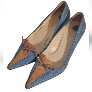 Luzia Mirnar Vintage Y2K Vibes Blue Denim Bow Leather Pumps Kitten Heels S 6.5